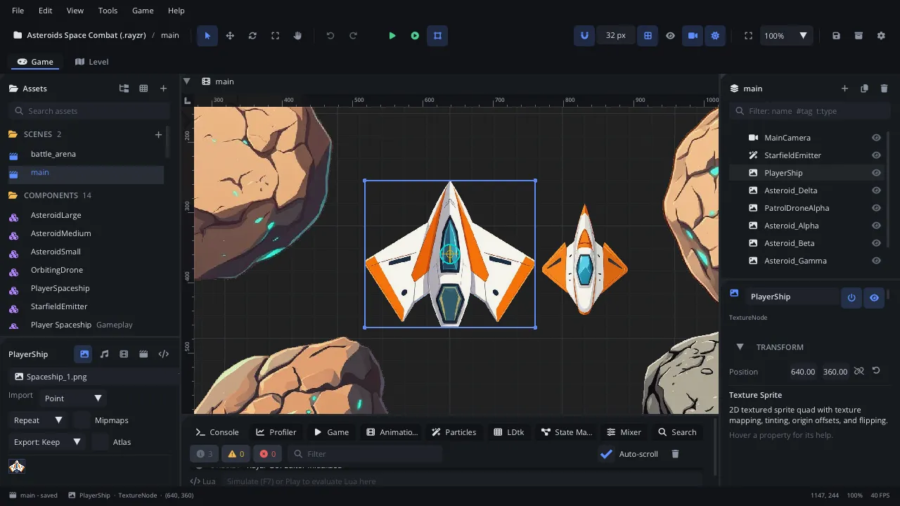 The Rayzr editor: Dockable panels, scene tabs, multi-select, gizmos with snapping, undo for every edit, a command palette and rebindable shortcuts.